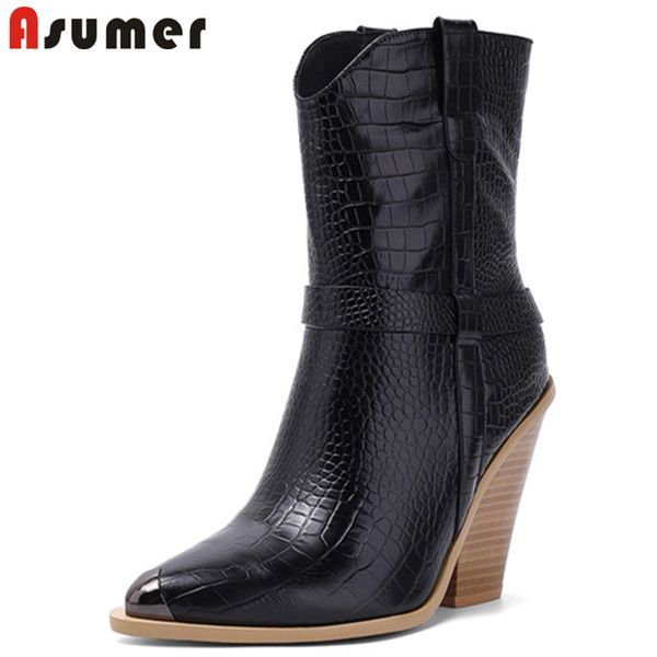 

asumer 2020 western boots pu metal toe brand wedges shoes woman autumn winter concise fashion ankle boots women, Black