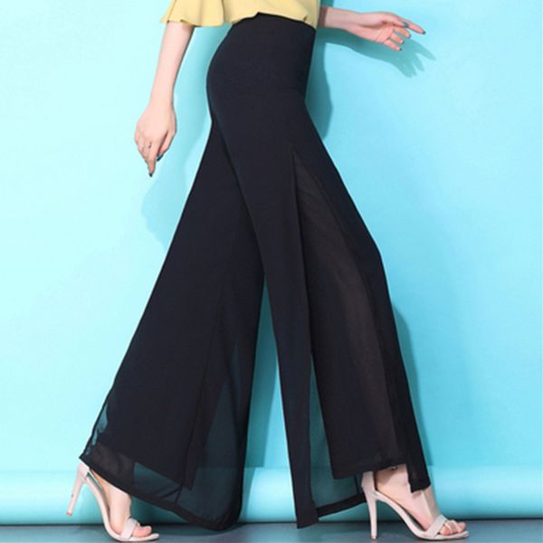 

new 2020 summer women high waist two layers chiffon pants female wide leg trousers loose split dance pant plus size 3xl 4xl, Black;white