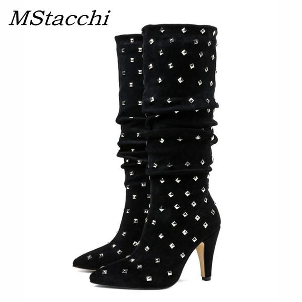 

mstacchi latest metal rivets full studded knee high boots women pointed toe spiked high heels runway shoes celebrity shoes women, Black