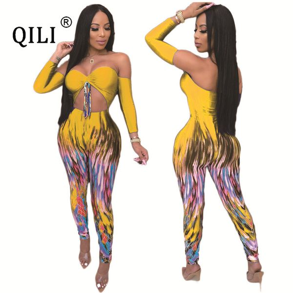 

qili women off the shoulder jumpsuits slash neck long sleeve hollow out drawsthing bodycon jumpsuit club rompers plus size, Black;white