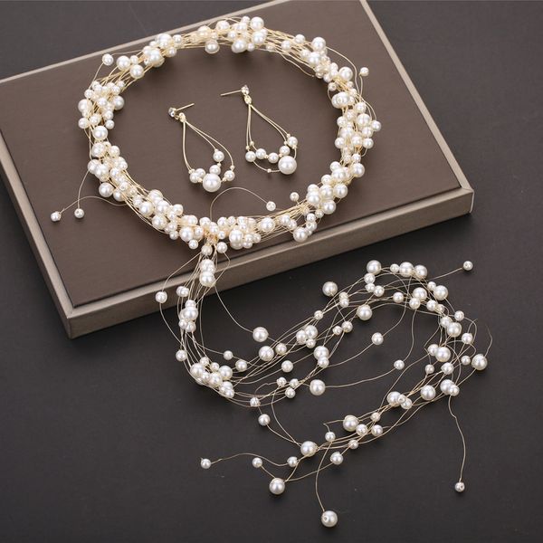 

bride korean pearl headwear suit manual a string of beads earring concise necklace hair band aestheticism marry headwear, Silver