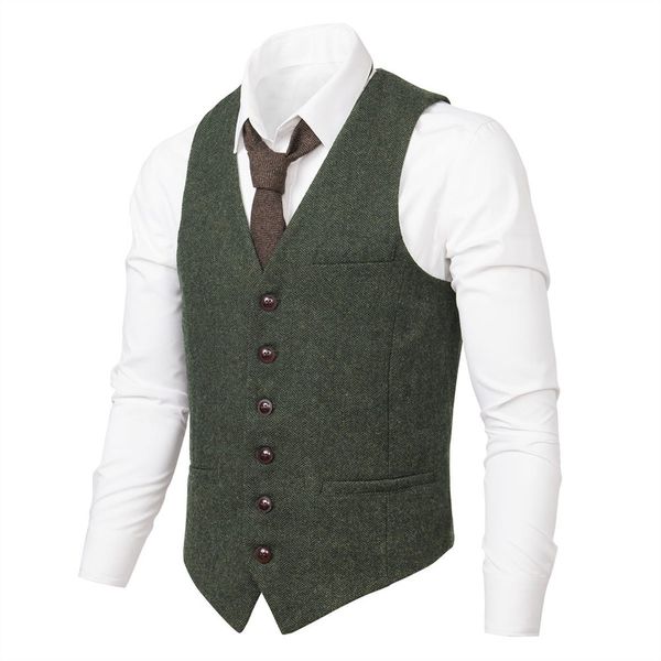 

voboom men waistcoat suit vest male herringbone wool blend tweed single-breasted green vests 007, Black;white