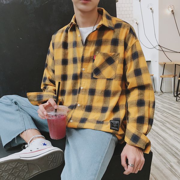 

mens long sleeve flannel shirts 5xl yellow buffalo plaid shirt 2019 korean fashion hip hop streetwear clothes cs08, White;black