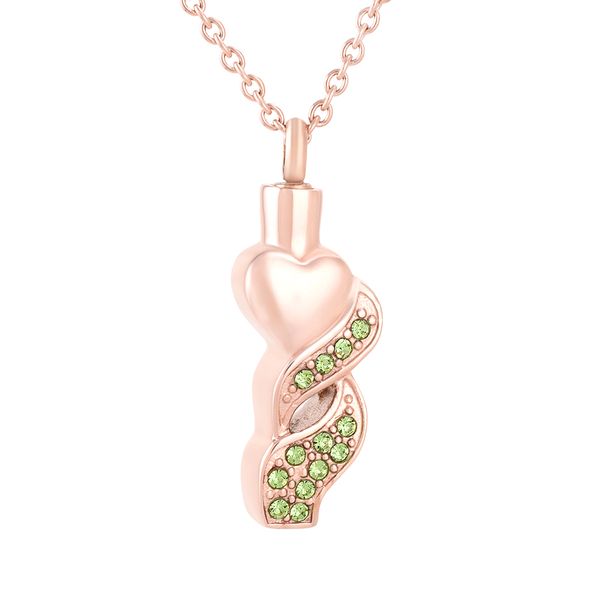 

ijd9841 rose gold heart shaped green crystal stainless steel cremation keepsake pendant for ashes urn funeral memorial souvenir jewelry, Silver
