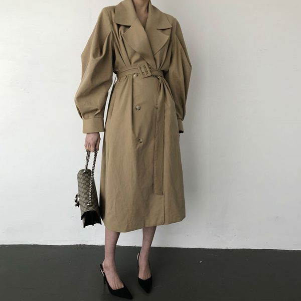 

loose khaki black long coat midi windbreaker korean long sleeve double breasted wide-waisted turn-down women trench coat autumn, Tan;black