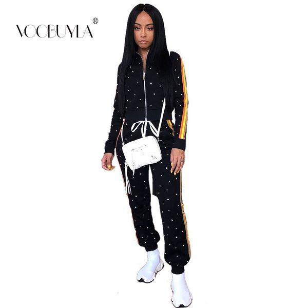 

voobuyla winter sport suit women tracksuits zipper jacket pants print running set jogging suits sweat pants 2pcs sportswear s-xl, Black;blue