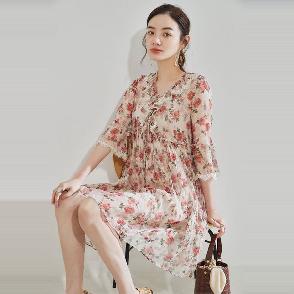 

casual dresses crossmio silk dress women's summer 2021 lace and wood ear up, Black;gray