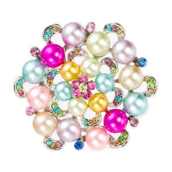 

rhodium silver plated multi colored rhinestone crystal and pearl flower brooch, Gray
