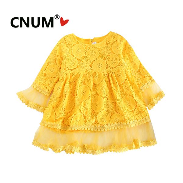 

cnum girls one piece dress kids long sleeve dresses with lace stitching baby princess cotton clothing 2019 spring summer clothes, Red;yellow