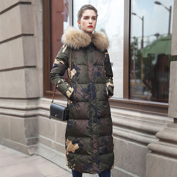 

2018 new style down jacket women slim thickened big fur with hooded long over knee camouflage down coats women parka mujer, Black
