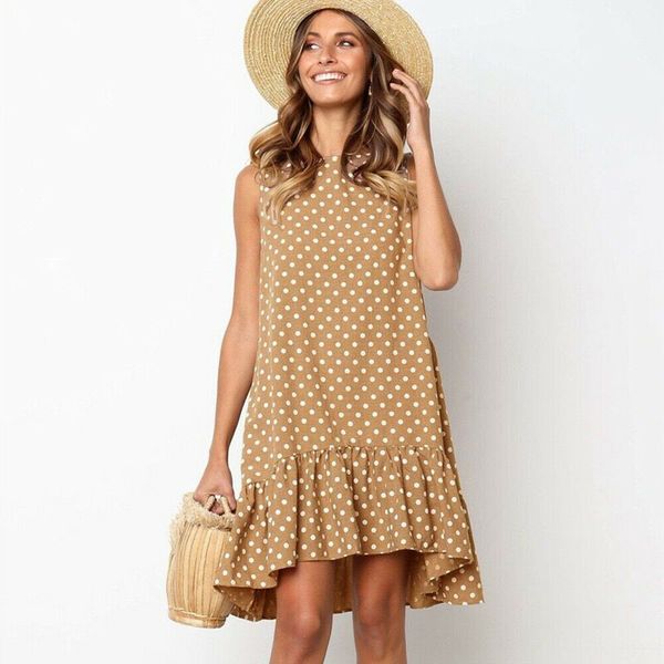 

women sleeveless polka dot boho mini dress ladies summer beach holiday casual loose sundress, Black;gray