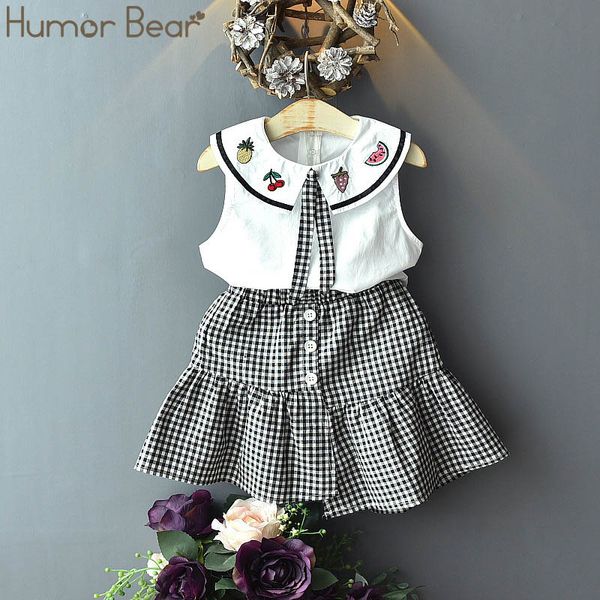 

humor bear girls clothing set 2020 summer college style lapel vest t-shirt+plaid skirt kids suit bodysuit baby girl clothes, White