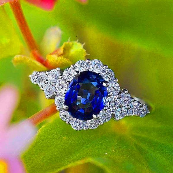 

female oval blue zircon stone ring fashion silver color promise engagement ring vintage love wedding rings for women, Slivery;golden