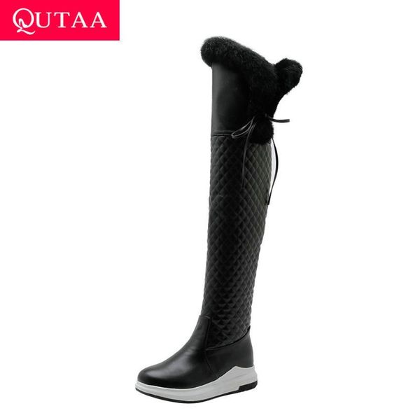 

qutaa 2020 round toe wedges winter warm fur over the knee high boots square heel pu leather lace up women shoes big size 34-43, Black