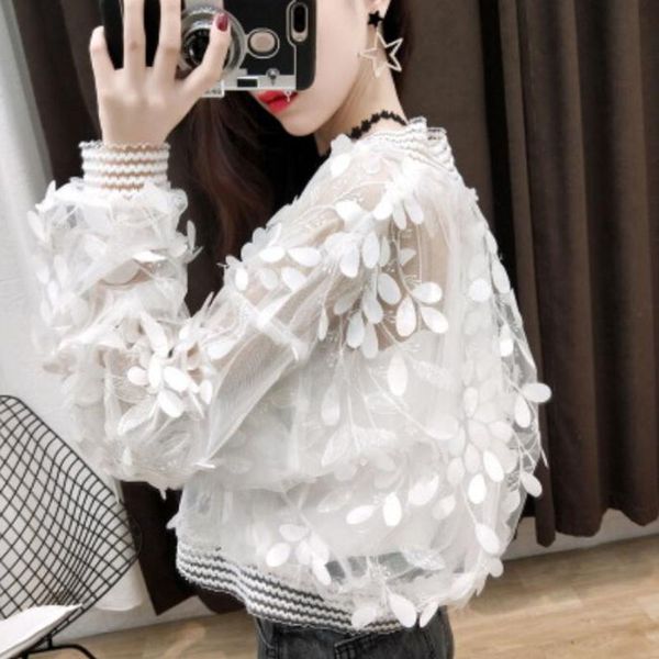

women sunscreen shirt transparent lace embroid loose mesh jacket zipper long sleeve thin outerwear women suntan-proof lm040, Black;brown