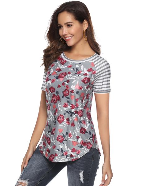 

floral printed t-shirt for womens summer girl clothing crew neck panelled short sleeve summer designer shirt, White