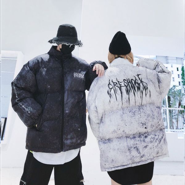

winter cotton jacket coat men thick warm cotton padded puffer jackets men punk graffiti ink dye print hip hop jacket streetwear, Black