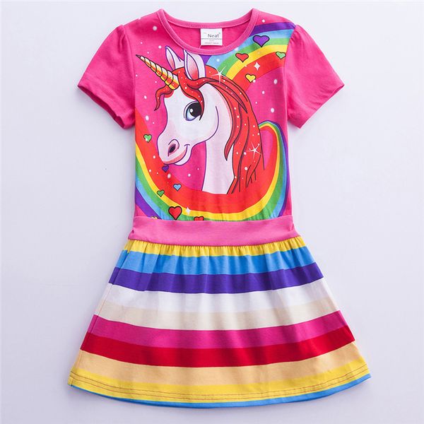 

2 colors unicorn for girls dresses summer printed rainbow striped short-sleeved dresses kids designer clothes girls kids clothing dhl jy19, Red;yellow