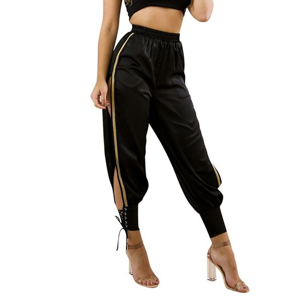

fashion women splice split bandage sports high waist casual beam foot pants ladies running fitness sweatpants black, Black;blue