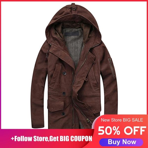 

2020 dark browm men long hood leather jacket vintage style genuine sheepskin spring slim fit casual leather coat ing, Black