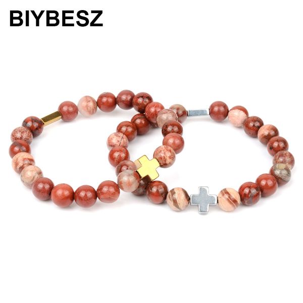 

natural import red stone beads bracelets charm gold silver cross hematite bracelet men handmade gifts for women accessories, Black