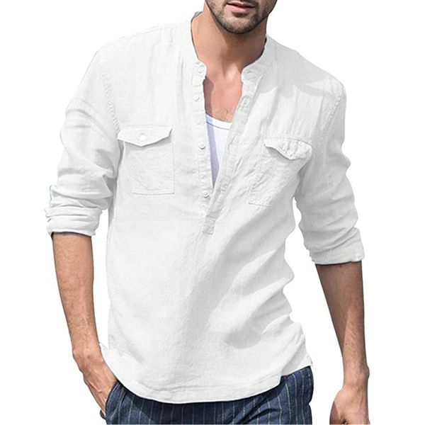 

european and american new cotton and linen plain color versatile long sleeve shirt youth casual collar loose long sleeve shirt, White;black