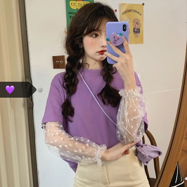 

2020 daisies mesh stitching fake two-piece loose purple long-sleeved women's fashion 2020 daisies mesh stitching fake two-piece loose p, White