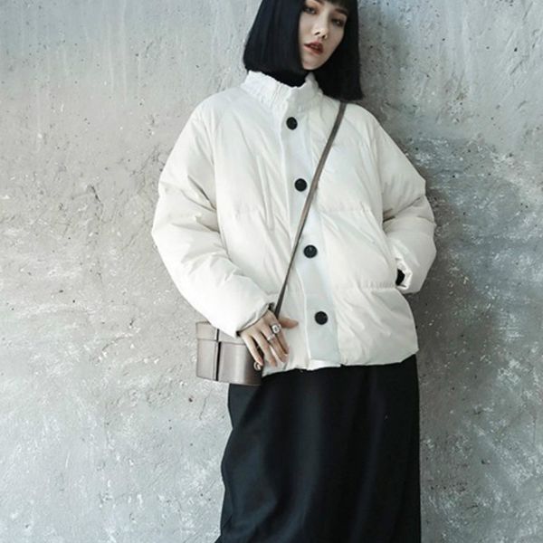 

2019 autumn winter stand collar long sleeve single breasted loose warm thick solid white duck down jacket women coat l295, Black