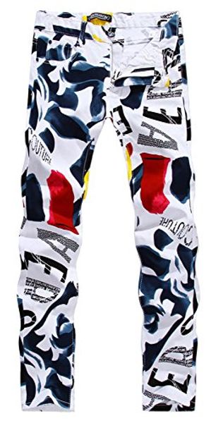 

allonly men's fashion casual slim fit straight leg painted letters printed jeans pants, Blue