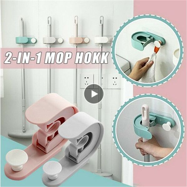 

2 in 1 self adhesive hooks rack wall hanger space saver flower transparent waterproof mop broom hook holder grippers bathroom