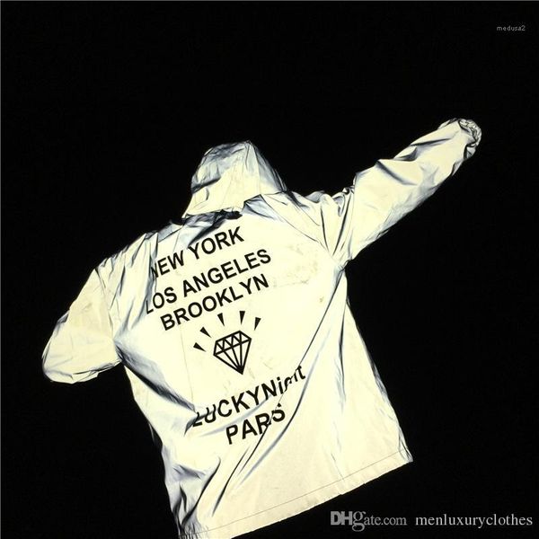 

jacket diamond print letters new york brooklyn hooded loose casual coats windbreaker jackets men 3m reflective, Black;brown