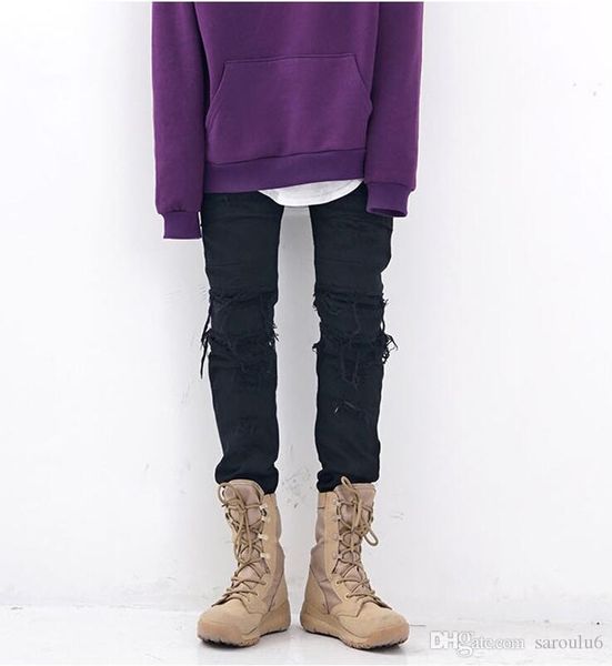 

2020 мужчины хип-хоп черный джинсовый колено отверстие высокая мода тонкий брюки kanye high street стиль джинсовый карандаш брюки so-116, Blue