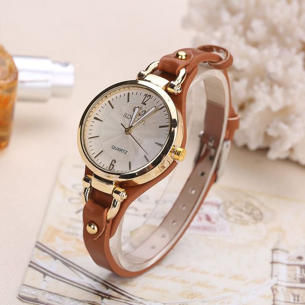 

women casual watches round dial rivet pu leather strap wristwatch ladies analog quartz watch gift msk66, Slivery;brown