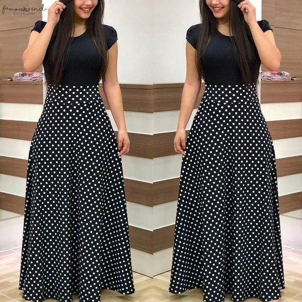 

2020 women vintage maxi long dress womens ladies short sleeve splicing wave point party dress robe femme plus size, Black;gray