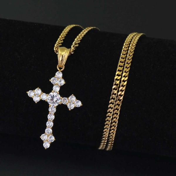 

hip hop cross diamonds pendant necklaces for men christianity stainless steel zircons luxury necklace cuban chain religion jewelry, Silver