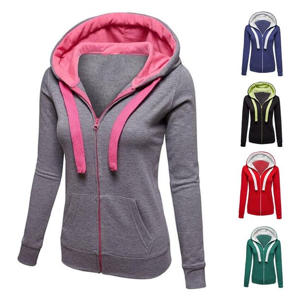 

autumn zipper hoodies solid pocket casual cord winter hooded jacket women outdoor sports warm sweatshirts, Black