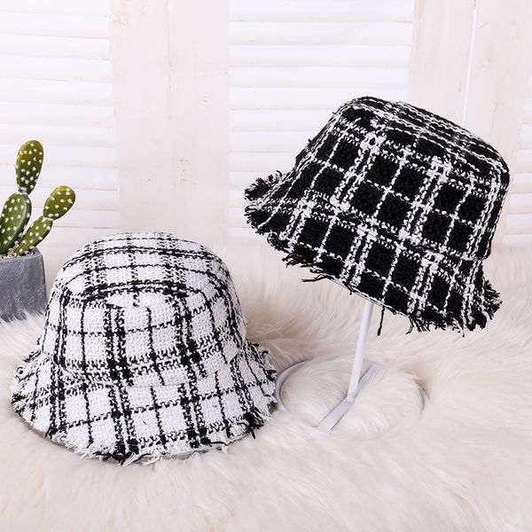 

2018 autumn and winter new korean hats men and women edging lattice folding cupboards fashion youth fisherman bucket hats, Blue;gray