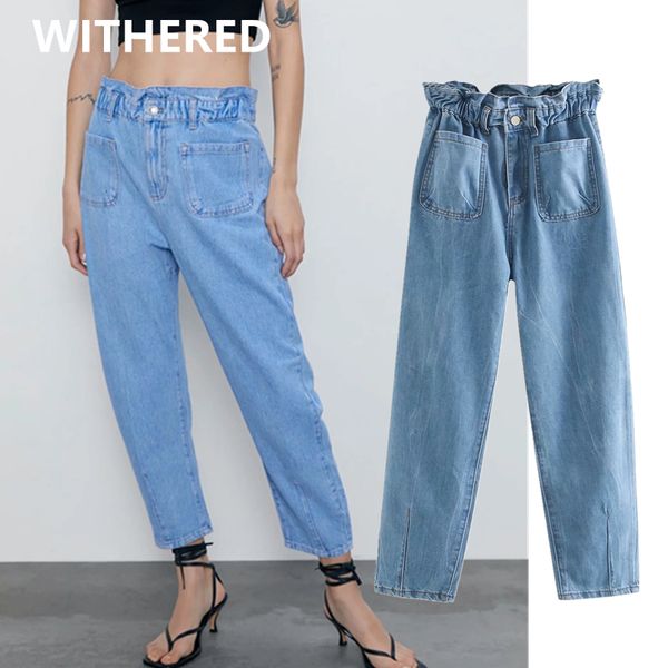 

dave&di high street vintage elastic pockets loose jeans woman high waist jeans harem for women boyfriend for women, Blue