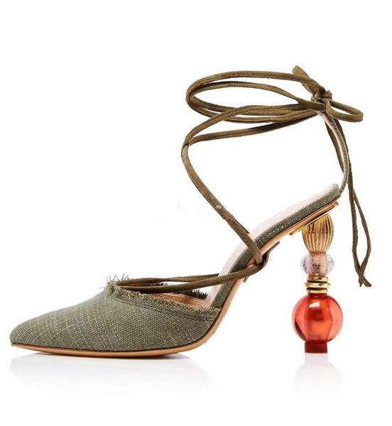 

geometric block heel sandals women lace up leather sandals pointed toe cross strap strange style high heels sandals, Black