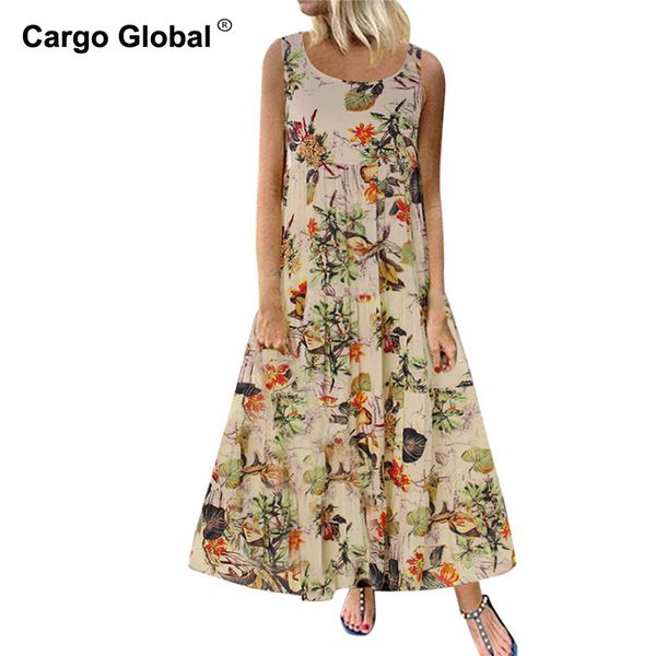 

dresses women plus size bohe o-neck floral print vestidos vintage sleeveless long maxi dress 2019 y190620, Black;pink