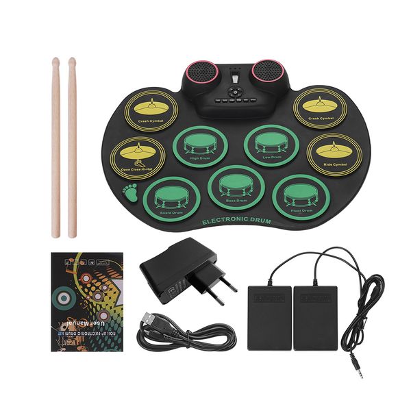 

percussion instrument roll up silicone drum kit electronic drum set practice 10 drumpads built- in double speakers and mic