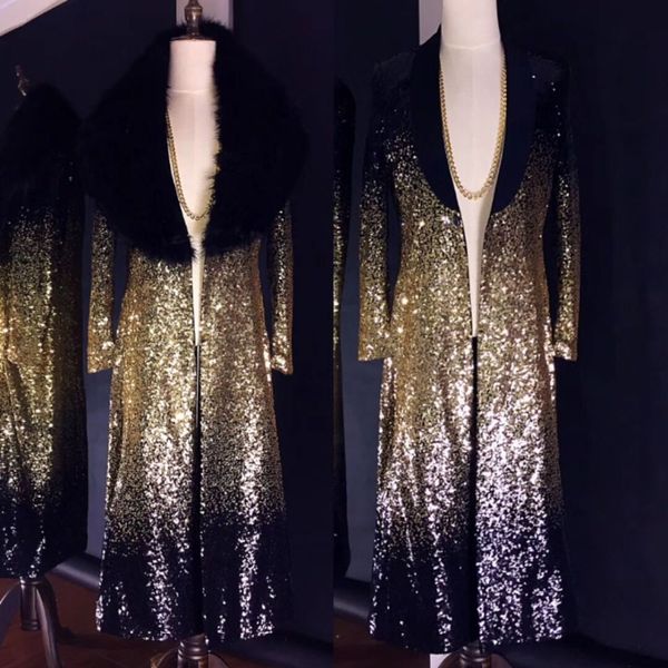 

customized plus size gold sequins long trench coat nightclub men singer dance show clothes stage wear bar party celebrate outfit, Tan;black