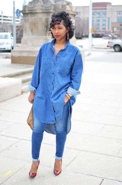 

casual denim shirts blouses long single breasted loose irregular shirt women, White