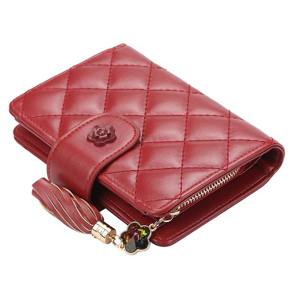 

fashion women tassel short wallet luxury trifold holder vintage zipper coin purse for travel ladies short clutch bag, Red;black