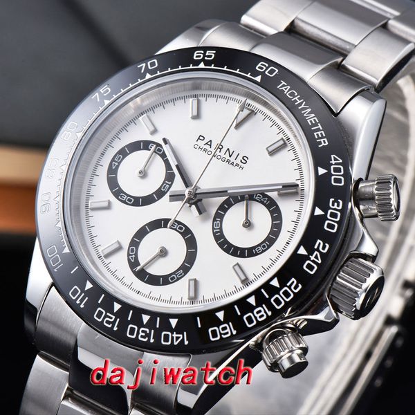 

39mm white dial sapphire crystal solid full chronograph quartz mens watch, Slivery;brown