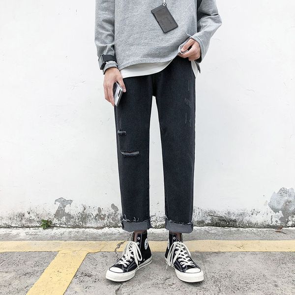 

ripped straight jeans men's fashion casual retro jeans pants men streetwear wild loose hip-hop ripped denim trousers mens s-3xl, Blue