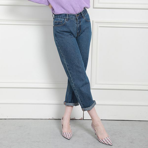 

autumn winter women denim pant medium waist regular comfort 100% cotton female lady jeans, Blue