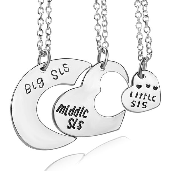 

3pcs/set big middle sis little sister letter heart necklace brief mother's day gift fashion jewelry new style sister bbf jewelry n170, Silver