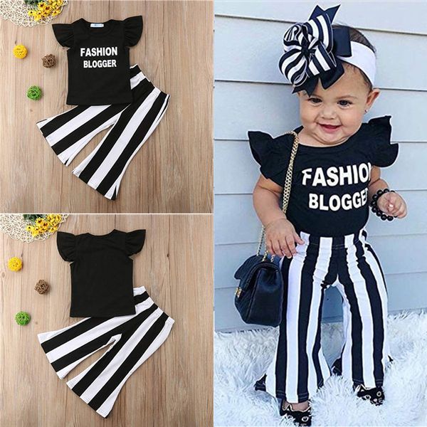 

summer girls t-shirt + trousers 2 piece sets baby kids girls clothes kids designer clothes ruffle letter t-shirt striped trousers dhl jy119, White