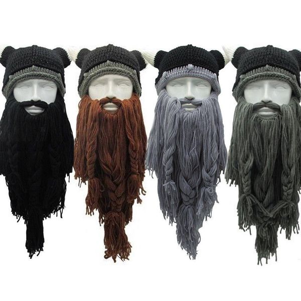 

new 2020 christmas funny men's viking knitted wig long beard horn hat vagabond barbarian crazy ski cap beanie halloween, Blue;gray